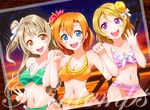  beach bikini blonde_hair blue_eyes blush breasts brown_eyes brown_hair cleavage flower french frilled_bikini frills green_bikini group_name hair_flower hair_ornament holding_hands koizumi_hanayo kousaka_honoka long_hair love_live! love_live!_school_idol_project medium_breasts minami_kotori multiple_girls navel ocean one_side_up open_mouth orange_hair photo_(object) printemps_(love_live!) pure_girls_project purple_eyes saaki_(sa-ki) shiny shiny_skin short_hair skindentation smile striped striped_bikini striped_swimsuit sunset swimsuit v water 