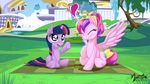  &lt;3 2013 blanket bridge building canterlot cutie_mark duo equine eyes_closed female feral friendship_is_magic hair horn horse mammal multi-colored_hair my_little_pony mysticalpha outside pony princess_cadance_(mlp) purple_eyes purple_hair sitting tree twilight_sparkle_(mlp) unicorn winged_unicorn wings 