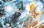  absurdres armor attack battle blonde_hair cell_(dragon_ball) clenched_teeth dougi dragon_ball dragon_ball_z energy energy_ball green_eyes highres male_focus mikael_wang motion_blur multiple_boys muscle pale_skin perfect_cell red_eyes sleeveless smile son_gokuu speed_lines super_saiyan teeth watermark web_address wristband 