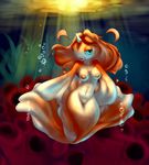  anthro anthrofied breasts bubble elpatrixf female fish goldeen hair hi_res horn light lips long_hair looking_at_viewer marine mermaid navel nintendo nipples nude open_mouth orange_hair outside pok&#233;mon pok&eacute;mon pussy solo sun sunlight teal_eyes underwater video_games water 