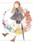  anemone_(flower) bag beret boots bow bracelet brown_eyes brown_hair bunny camellia cherry_blossoms closed_umbrella dress flower forget-me-not_(flower) handbag hat hibiscus jewelry long_hair marigold original pansy pink_flower pink_rose rose seuga solo sweater umbrella 