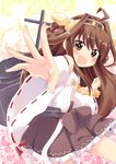  :d ahoge bad_id bad_pixiv_id bare_shoulders blush brown_hair detached_sleeves double_bun frilled_skirt frills hair_ornament hairband japanese_clothes kantai_collection kongou_(kantai_collection) long_hair massala open_mouth ribbon-trimmed_sleeves ribbon_trim skirt smile solo thighhighs v-shaped_eyebrows 