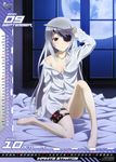  absurdres barefoot bed_sheet bottomless calendar_(medium) copyright_name dress_shirt eyepatch highres infinite_stratos laura_bodewig legs long_legs moon moonlight naked_shirt nishizawa_shin'ya no_panties october off_shoulder official_art red_eyes shirt thigh_strap 