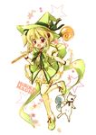  :o blonde_hair blush creature dress green_dress hat hibiki_no_mahou holding holding_weapon izumi_rei looking_at_viewer magical_girl monster open_mouth polearm red_eyes ribbon side_ponytail solo squirrel standing standing_on_one_leg star sweat wand weapon witch_hat 