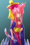  animal_ears blazblue cameo cat_ears cat_tail chinese_clothes claw_(weapon) cleavage_cutout cosplay flat_chest glasses hair_ribbon hand_on_hip hat highres iron_tager kokonoe lei_lei lei_lei_(cosplay) long_hair momorifu ofuda pince-nez pink_hair pink_skin ponytail ribbon sash semi-rimless_eyewear sidelocks solo tail two_side_up under-rim_eyewear vampire_(game) weapon wrench yellow_eyes 