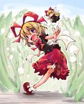  blonde_hair blue_eyes bow doll fairy_wings fang flower flying hair_bow hair_ribbon lily_of_the_valley medicine_melancholy puffy_sleeves ribbon sash shinapuu shirt short_sleeves skirt smile solo su-san touhou wings |_| 