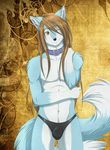  bulge canine collar counterclockwise cute fox fur hair long_hair looking_at_viewer male mammal no_nipples one_eye_closed smile solo topless wink 