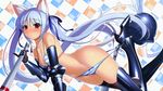  animal_ears bare_shoulders bikini_pull black_gloves black_legwear blue_hair blush bow bow_panties bra breasts cat_ears cat_tail cleavage elbow_gloves eyecatch front-tie_top gauntlets gloves greaves groin helmet high_heels highres lisa_eostre long_hair mel/a navel non-web_source original panties pinky_out pulled_by_another red_eyes shiny shiny_skin side-tie_panties small_breasts solo string_panties striped striped_bra striped_panties sweat tail thighhighs twintails underwear underwear_only very_long_hair walkure_romanze 