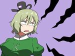  frown green_eyes green_hair hat shinori short_hair simple_background soga_no_tojiko solo tate_eboshi touhou upper_body 