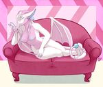  amarandith blue_eyes dragon female hair hair_over_eye horn iflops looking_at_viewer lounging nipples nude orb playing_with_hair sofa solo tasteful_nudity white_hair wings 