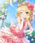  ;) arch artist_request bird blonde_hair bridal_veil cross dress elbow_gloves feathers floral_arch flower gloves green_eyes hair_flower hair_ornament hand_on_own_cheek idolmaster idolmaster_cinderella_girls official_art one_eye_closed pillar pink_dress pink_wedding_dress sakurai_momoka smile veil wedding_dress 