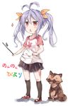  antenna_hair black_legwear blush copyright_name gu_(non_non_biyori) hair_ribbon kneehighs kotatu_(akaki01aoki00) miyauchi_renge non_non_biyori purple_hair raglan_sleeves red_eyes ribbon shoes simple_background skirt tanuki triangle_mouth twintails 