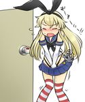  anchor animal_ears black_panties blush bunny_ears elbow_gloves fake_animal_ears flat_chest gloves hairband have_to_pee highleg highleg_panties kantai_collection long_hair miniskirt panties sailor_collar shimakaze_(kantai_collection) skirt solo striped striped_legwear suzumusi114 sweatdrop tears thighhighs translated trembling underwear v_arms 