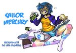  bishoujo_senshi_sailor_moon blue_eyes blue_hair book computer energy_drink laptop mercury_symbol mizuno_ami open_book rafchu raglan_sleeves reading short_hair short_shorts shorts socks solo striped studying 