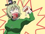  breasts dress green_dress green_eyes green_hair large_breasts open_mouth shinori short_hair soga_no_tojiko solo thumbs_down tongue tongue_out touhou 