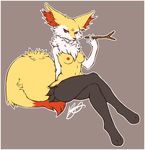  3_toes anthro barefoot braixen breasts butt canine female fennec fox fur grasp grey_background grey_fur hi_res holding looking_at_viewer mammal narakuen navel nintendo nipples nude orange_eyes orange_fur orange_nose plain_background pok&#233;mon pok&eacute;mon sitting small_breasts solo stick video_games white_fur wood yellow_fur 