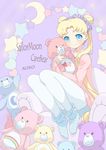  bear bishoujo_senshi_sailor_moon blonde_hair care_bears chair copyright_name crescent crossover double_bun full_body hair_ribbon heart highres knees_up long_hair neki_(wakiko) pantyhose purple_background ribbon shirt sitting socks solo star star_in_eye symbol_in_eye tsukino_usagi twintails white_legwear 