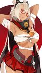  armpits arms_up belt blonde_hair bobhit breasts budget_sarashi dark_skin glasses gloves headgear highres kantai_collection large_breasts long_hair miniskirt musashi_(kantai_collection) navel open_clothes open_mouth pleated_skirt pointy_hair red_eyes sarashi shiny shiny_skin skirt solo standing thighhighs 