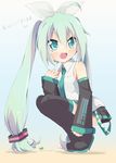  ahoge artist_name blush boots detached_sleeves green_eyes green_hair hair_ribbon hatsune_miku highres long_hair necktie open_mouth ribbon skirt solo squatting thigh_boots thighhighs torinannkotsukushi twintails very_long_hair vocaloid 