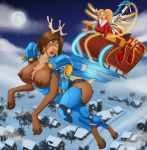  alternate_species anthro antlers armor big_breasts blizzard_entertainment blonde_hair blue_eyes breasts brown_hair butt catchabird cervine chest_tuft christmas clothed clothing duo female flying hair holidays hooves horn human mammal mercy_(overwatch) moon night nipples open_mouth outside overwatch pharah_(overwatch) reindeer smile story story_in_description town tuft video_games 