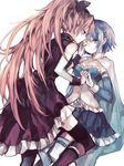  blue_eyes blue_hair gloves hina_(pico) long_hair magical_girl mahou_shoujo_madoka_magica miki_sayaka multiple_girls one_eye_closed ponytail red_eyes red_hair sakura_kyouko short_hair smile thighhighs yuri 