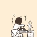 ahoge angry antenna_hair bangs beige_background black_gloves braid comic crossed_arms desk double_bun drawer elbow_gloves fairy_(kantai_collection) flat_color flying_sweatdrops gloves kantai_collection minigirl monochrome multiple_girls naka_(kantai_collection) nns_(sobchan) sailor_collar sewing sewing_machine short_hair short_sleeves simple_background sitting skirt standing_on_desk stool swept_bangs thighhighs turret zettai_ryouiki 