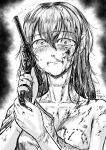  1girl areolae blood blood_on_face breasts bruise bruise_on_face crying crying_with_eyes_open dated dress eyebrows_visible_through_hair greyscale gun hair_between_eyes handgun hands_up highres holding holding_gun holding_weapon injury kotoba_noriaki long_hair looking_at_viewer luger_p08 medium_breasts monochrome nude original signature smoke smoking_gun solo tears torn_clothes torn_dress trembling weapon 