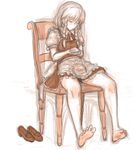  apron barefoot braid chair closed_eyes dress full_body hands_on_own_stomach headwear_removed izayoi_sakuya kuro_suto_sukii maid puffy_sleeves shirt shoes_removed short_sleeves simple_background sitting sketch sleeping sleeping_upright solo touhou twin_braids waist_apron white_background 