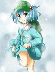  backpack bag blue_eyes blue_hair blush boots dress hair_bobbles hair_ornament hat kawashiro_nitori key leg_up long_sleeves looking_at_viewer maikuro open_mouth pocket rubber_boots shirt short_hair short_twintails skirt skirt_set skirt_up snow snowing solo touhou twintails two_side_up 