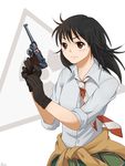  black_hair brown_eyes clothes_around_waist coppelion gloves gun handgun long_hair luger_p08 naruse_ibara necktie radiation_symbol roru shirt sleeves_rolled_up solo striped striped_neckwear triangle weapon white_shirt 