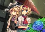  2girls alice_margatroid apron black_hat black_vest blonde_hair blue_eyes blue_flower blue_skirt bow braid capelet collared_shirt commentary_request eyebrows_visible_through_hair flower hair_between_eyes hair_bow hairband hat hat_bow highres holding holding_umbrella hydrangea kirisame_marisa long_hair mitsunara multiple_girls neck_ribbon outdoors purple_ribbon rain red_hairband red_neckwear ribbon shared_umbrella shirt short_hair side_braid skirt touhou umbrella vest waist_apron wet wet_clothes wet_shirt white_bow white_capelet white_shirt wing_collar witch_hat yellow_eyes 