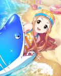  :d artist_request brown_eyes brown_hair bucket cosplay ichihara_nina idolmaster idolmaster_cinderella_girls inflatable_shark inflatable_toy innertube kigurumi long_hair name_tag official_art one-piece_swimsuit open_mouth smile striped striped_swimsuit swim_cap swimsuit 
