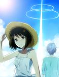  1girl blue_hair brown_eyes brown_hair cloud day dress hat natsuzora_no_monologue ogawa_aoi rito453 short_hair sky sun_hat watamori_kaede 