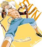  abs aiming_at_viewer artist_name bandages belt blonde_hair chain character_name denim english gun jeans jewelry looking_at_viewer male_focus monkey_tail muscle nunchaku open_clothes open_shirt pants pendant remia rwby shirt shoes short_hair shotgun sneakers spiked_hair sun_wukong_(rwby) tail weapon 