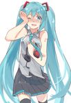  aqua_eyes aqua_hair hatsune_miku headphones highres long_hair necktie nouraku smile solo tears vocaloid 