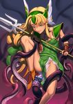  blonde_hair blue_eyes blush breasts bridal_gauntlets cleavage groin helmet highres jewelry leg_grab leg_up long_hair low-tied_long_hair musen-shiki_sanhankikan necklace polearm riesz seiken_densetsu seiken_densetsu_3 slime small_breasts solo spear tentacles very_long_hair weapon winged_helmet 