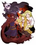  2boys arisen_(dragon's_dogma) armor bad_deviantart_id bad_id belt bikini_armor blonde_hair blue_eyes bracer breasts cape circlet dagger dragon's_dogma fingerless_gloves fur_cape gloves highres huge_weapon inuhiko_(istdog) kunai long_hair medium_breasts multiple_belts multiple_boys muscle pale_skin pawn_(dragon's_dogma) red_hair red_scarf reverse_grip scar scarf short_hair sword weapon white_hair 