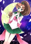  back_bow bishoujo_senshi_sailor_moon bow brown_hair crescent_moon dutch_angle elbow_gloves gloves green_eyes green_sailor_collar green_skirt hair_bobbles hair_ornament highres jupiter_symbol kino_makoto long_hair moon oinari_(tensaizoku) petals pink_bow ponytail ribbon sailor_collar sailor_jupiter sailor_senshi_uniform skirt solo wand white_gloves 