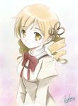  artist_name blonde_hair blush bow bowtie dated drill_hair hair_ornament highres kem_kem mahou_shoujo_madoka_magica school_uniform signature smile solo tomoe_mami yellow_eyes 