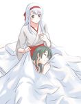  bed_sheet blush brown_eyes flauschtraut futon green_hair hairband japanese_clothes kantai_collection kimono lap_pillow long_hair multiple_girls shoukaku_(kantai_collection) sidelocks sleeping white_hair yuri zuikaku_(kantai_collection) 