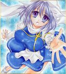  amedama_(mikan_ame) apron blue_background blue_eyes blush breasts hat large_breasts lavender_hair letty_whiterock long_sleeves looking_at_viewer marker_(medium) open_mouth scarf shikishi short_hair skirt smile snowflakes solo touhou traditional_media vest white_scarf 