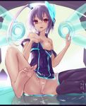  bad_id bad_pixiv_id bare_shoulders barefoot breasts censored cum highres medium_breasts nipples no_panties original purple_hair pussy red_eyes single_thighhigh solo strap_slip thighhighs wangchuan_de_quanyan wings 