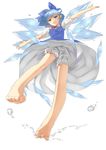  barefoot bloomers blue_eyes blue_hair bow cirno from_below hair_bow highres ice ice_wings open_mouth solo touhou underwear wings zhu_fun 