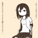  arms_behind_back asashio_(kantai_collection) beige_background buttons comic flat_color kantai_collection monochrome navel nns_(sobchan) open_clothes open_shirt pleated_skirt short_sleeves simple_background skirt solo sports_bra sweat translated 