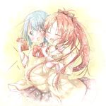  ^_^ bad_id bad_pixiv_id blue_eyes blue_hair bow closed_eyes eating fang food hair_ribbon kuma_(happylocation) long_hair mahou_shoujo_madoka_magica miki_sayaka multiple_girls one_eye_closed open_mouth pocky ponytail red_hair ribbon sakura_kyouko school_uniform short_hair skirt smile 