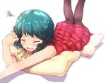  bad_id bad_pixiv_id bare_arms closed_eyes dress flan_(harry_mackenzie) green_hair kazami_yuuka knees_together legs_up lying on_stomach open_mouth pantyhose pillow plaid plaid_dress shadow short_hair simple_background solo squiggle tears touhou white_background 