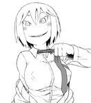  blush breasts character_request covered_nipples greyscale grin large_breasts loose_necktie monochrome naughty_face necktie shirt short_hair smile solo tsukudani_(coke-buta) undressing 