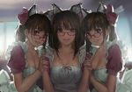  animal_ears bad_id bad_pixiv_id bow breasts brown_eyes brown_hair cat_ears cleavage glasses hair_bow hjl large_breasts long_hair looking_at_viewer maid multiple_girls original parted_lips red-framed_eyewear smile twintails 