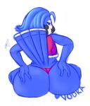  anthro avian beak big_butt butt clothed clothing female looking_at_viewer looking_back plain_background purple_eyes raidenxx sitting solo white_background 