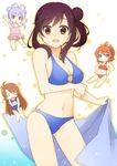  :&lt; :d antenna_hair bare_shoulders bikini black_hair blue_eyes blush breasts brown_hair chibi cleavage clenched_hands double_bun frilled_swimsuit frills grin groin hair_bun hands_on_hips holding ichijou_hotaru koshigaya_komari koshigaya_natsumi long_hair looking_at_viewer medium_breasts midriff miyauchi_renge multiple_girls navel non_non_biyori o-ring o-ring_bikini o-ring_top o_o one-piece_swimsuit open_mouth outline outstretched_arms pink_eyes ponytail purple_hair red_eyes red_hair sasakura school_swimsuit smile swimsuit triangle_mouth very_long_hair white_background 